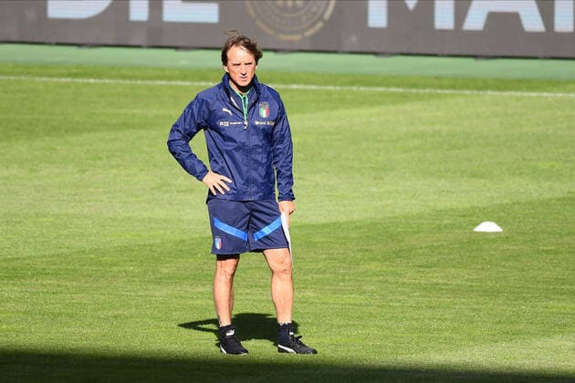 MOENCHENGLADBACH, GERMANY - JUNE 13, 2022: Pre match practice. Roberto Mancini Head coach. The football match of UEFA Nations League 2023 between Germany vs Italy Copyright: xVITALIIxKLIUIEVx