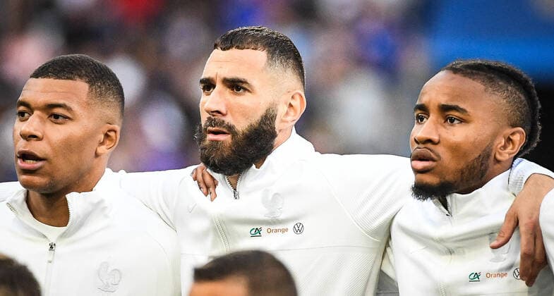 June 13, 2022, Paris, France, France: Kylian MBAPPE of France, Karim BENZEMA of France and Christopher NKUNKU of France during the UEFA Nations League, League A - Group 1 football match between France and Croatia at Stade de France on June 13, 2022 in Saint-Denis near Paris, France. Paris France - ZUMAm308 20220613_zsp_m308_041 Copyright: xMatthieuxMirvillex