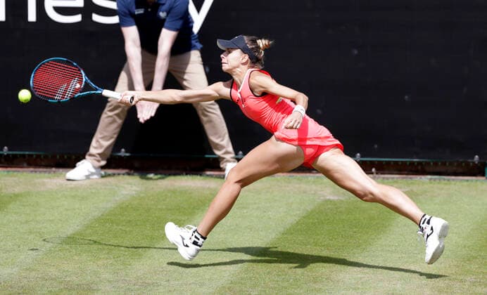 14th June 2022; Edgbaston Priory Club, Edgbaston, Birmingham, United Kingdom; Birmingham Classic Lawn Tennis tournament; Magda Linette (POL) running forehand in her match against Dayana Yastremska (UKR)  ActionPlus12399878 RogerxEvans