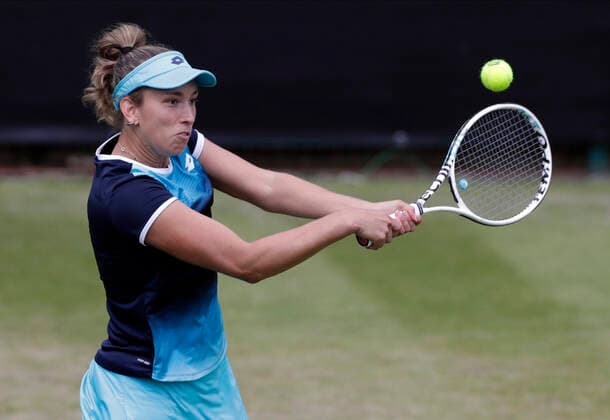 14th June 2022; Edgbaston Priory Club, Edgbaston, Birmingham, United Kingdom; Birmingham Classic Lawn Tennis tournament; Elise Mertens (BEL) high forehand in her match against Caty McNally (USA)  ActionPlus12399885 RogerxEvans