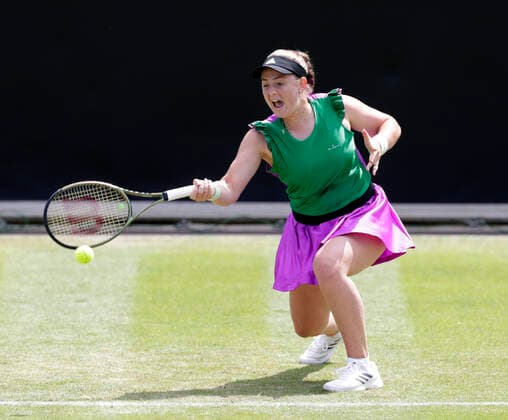 14th June 2022; Edgbaston Priory Club, Edgbaston, Birmingham, United Kingdom; Birmingham Classic Lawn Tennis tournament; Jelena Ostapenko (LAT) forehand in her match against Rebecca Marino (CAN)  ActionPlus12399899 RogerxEvans