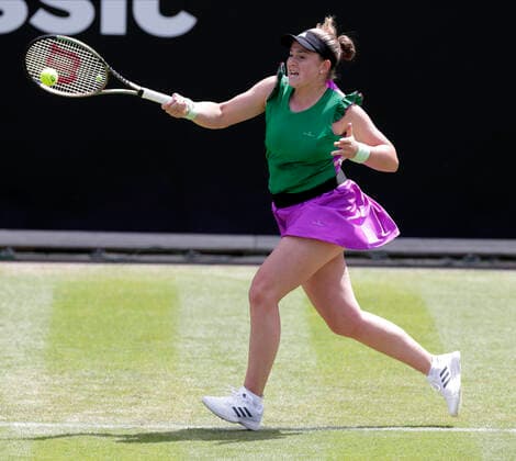 14th June 2022; Edgbaston Priory Club, Edgbaston, Birmingham, United Kingdom; Birmingham Classic Lawn Tennis tournament; Jelena Ostapenko (LAT) forehand in her match against Rebecca Marino (CAN)  ActionPlus12399900 RogerxEvans
