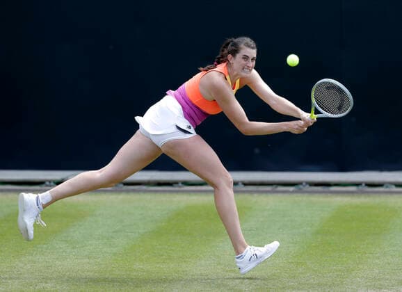 14th June 2022; Edgbaston Priory Club, Edgbaston, Birmingham, United Kingdom; Birmingham Classic Lawn Tennis tournament; Rebecca Marino (CAN) at full stretch in her match against Jelena Ostapenko (LAT)  ActionPlus12399903 RogerxEvans
