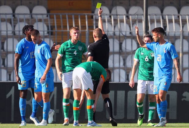 UEFA Under 21 European Championship, EM, Europameisterschaft Qualifier, Stadio Cino e Lillo Del Duca, Ascoli, Italy 14 6 2022 Italy vs Republic of Ireland Ireland s Mark McGuinness receives a yellow card Mark McGuinness receives a yellow card 14 6 2022  Copyright: x INPHO GiuseppexFamax ITALY_IRELAND_U21_45