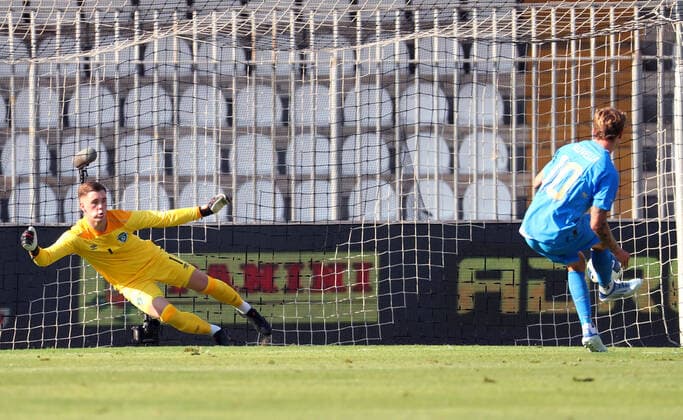 UEFA Under 21 European Championship, EM, Europameisterschaft Qualifier, Stadio Cino e Lillo Del Duca, Ascoli, Italy 14 6 2022 Italy vs Republic of Ireland Italy s Nicolo Rovella scores their first goal from the penalty spot past Ireland goalkeeper Brian Maher Nicolo Rovella scores their first goal from the penalty spot past Brian Maher 14 6 2022  Copyright: x INPHO GiuseppexFamax ITALY_IRELAND_U21_46