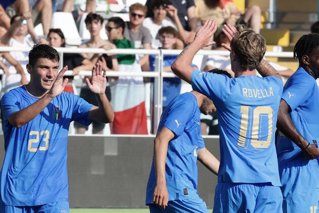 Nicolo Cambiaghi of Italy celebrates with team mates after scoring the goal 2-0 during the UEFA Under 21 Championship 2023 Group F qualifying football match between Italy and Republic of Ireland at Cino e Lillo Del Duca stadium in Ascoli Piceno (Italy), June 14th, 2022. Photo Cesare Purini Insidefoto cesarexpurini