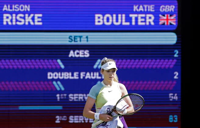 14th June 2022; Edgbaston Priory Club, Edgbaston, Birmingham, United Kingdom; Birmingham Classic Lawn Tennis tournament; Katie Boulter (GBR) walks off court having taken the first set in her match against Alison Riske (USA)  ActionPlus12399990 RogerxEvans