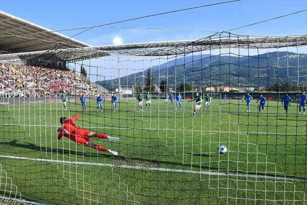 Photo Fabio Urbini LaPresse June 14, 2022 Ascoli , Italy soccer Italia vs Repubblica d Irlanda - European Qualification Under 21 - 2023 - Cino e Lillo Del Duca Stadium In the pic: Conor Coventry Irland scores the penalty 3-1  Copyright: xFabioxUrbini LaPressex