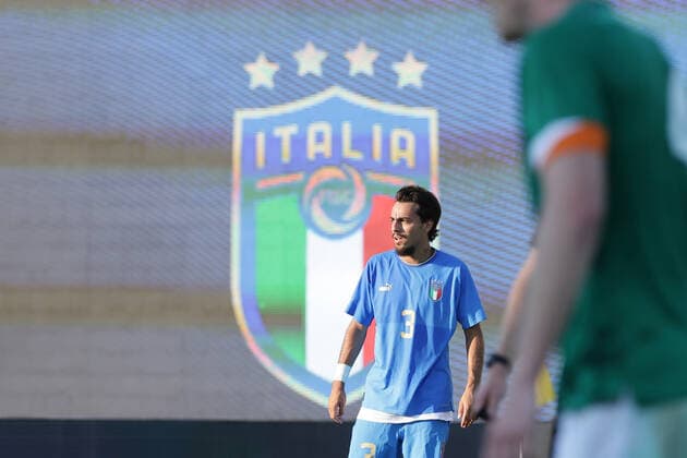Giacomo Quagliata of Italy and Italy banner during the UEFA Under 21 Championship 2023 Group F qualifying football match between Italy and Republic of Ireland at Cino e Lillo Del Duca stadium in Ascoli Piceno (Italy), June 14th, 2022. Photo Cesare Purini Insidefoto cesarexpurini