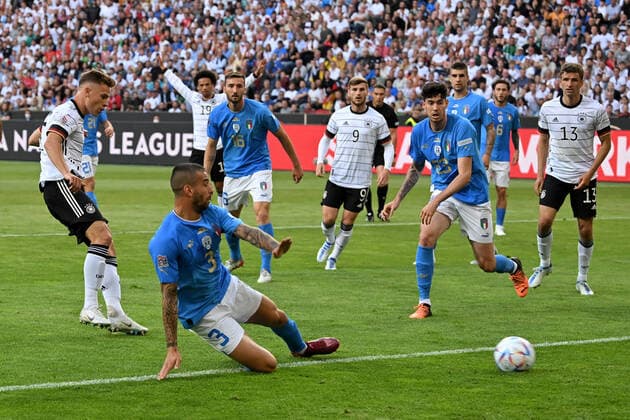 Moenchengladbach, Borussia Park, 14 06 22, GER, men, UEFA Nations League, season 2022 2023, Germany Italy picture Joshua Kimmich Germany makes the goal 1 0 Only for journalistic use Only for editorial use Nordrhein Westfalen Germany