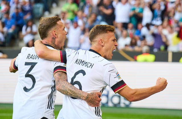 Joshua Kimmich, DFB 6 scores, shoots goal , Tor, Treffer, Torschuss, 1-0, celebrates his goal, happy, laugh, celebration, in the UEFA Nations League 2022 match GERMANY - ITALY in Season 2022 2023 on Juni 14, 2022 in Mönchengladbach, Germany.