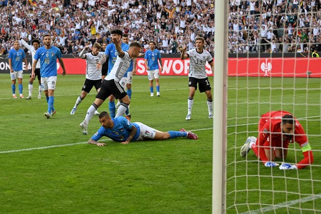 Moenchengladbach, Borussia Park, 14 06 22, GER, men, UEFA Nations League, 2022 2023 season, Germany Italy picture Joshua Kimmich Germany makes the goal 1 0 and cheers Only for journalistic use Only for editorial use North Rhine Westphalia Germany