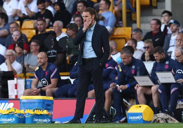 Wolverhampton, England, 14th June 2022. Gareth Southgate manager of England looks on during the UEFA Nations League match at Molineux, Wolverhampton. Picture credit should read: Darren Staples Sportimage EDITORIAL USE ONLY. No use with unauthorised audio, video, data, fixture lists, club league logos or live services. Online in-match use limited to 120 images, no video emulation. No use in betting, games or single club league player publications. SPI-1734-0033