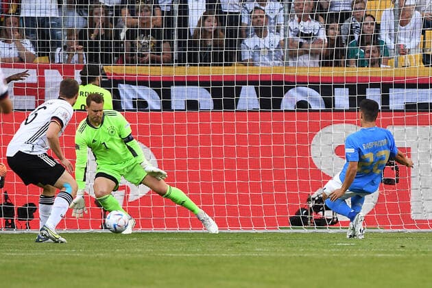 Soccer UEFA Nations League Germany Italy on 14 06 2022 at Borussia Park in Mönchengladbach Manuel Neuer Germany , left Giacomo Raspadori Italy , right DFB regulations prohibit any use of photographs as image sequences and or quasi video xHDx