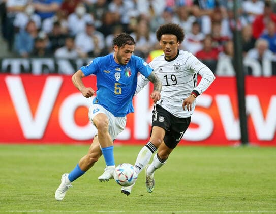 14 06 2022, football international match UEFA Nations League 2022 23, Germany Italy, at Borussia Park Mönchengladbach v li Davide Calabria Italy , vs Leroy Sane Germany