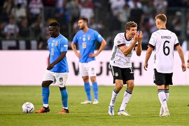 Photo LaPresse - Fabio Ferrari June, 14 2022 M& xf6;nchengladbach, Germany soccer Germany vs Italy - Uefa Nations League - Group C 3 6 - Stadium Stadion im Borussia-Park. In the pic:Thomas Muller (Germany) celebrates after score 3-0  Copyright: xFabioxFerrari LaPressex