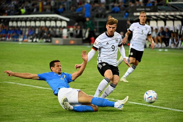 Football, Men, Season 2022 2023, Nations League League A, Group 3, 4 Matchday in Moenchengladbach, Germany Italy, v l Luis Felipe Italy , Timo Werner Germany , David Raum Germany , 14 06 2022, Copyright: xMatthiasxKochx