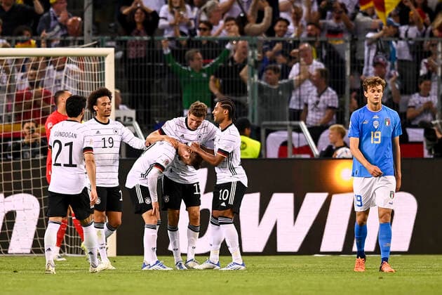 Photo LaPresse - Fabio Ferrari June, 14 2022 M& xf6;nchengladbach, Germany soccer Germany vs Italy - Uefa Nations League - Group C 3 6 - Stadium Stadion im Borussia-Park. In the pic:Timo Werner (Germany)celebrates after gol 5-0  Copyright: xFabioxFerrari LaPressex