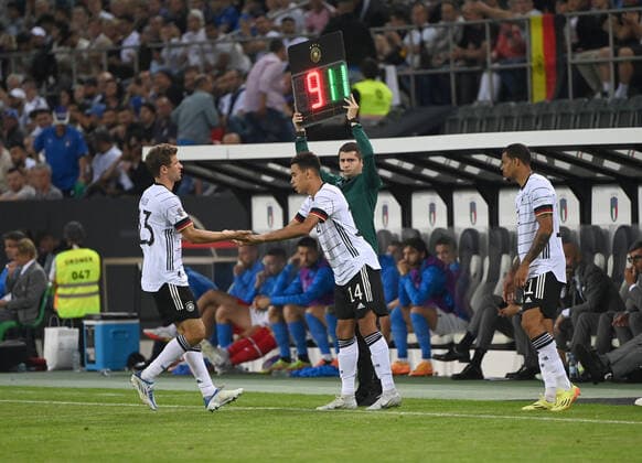 Football, Men, Season 2022 2023, Nations League League A, Group 3, 4 Matchday in Moenchengladbach, Germany Italy, v l Thomas Müller Germany , Jamal Musiala Germany , Lukas Nmecha Germany , 14 06 2022, Copyright: xMatthiasxKochx