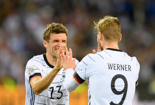 Goal celebration v re Timo WERNER GER with Thomas MUELLER GER , Jubel,Freude,Begeisterung, Action Football UEFA Nations League, Matchday 4, Germany GER Italy ITA , on 14 06 2022 in Moenchengladbach Germany