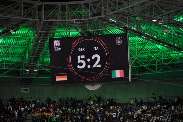 Photo LaPresse - Fabio Ferrari June, 14 2022 M& xf6;nchengladbach, Germany soccer Germany vs Italy - Uefa Nations League - Group C 3 6 - Stadium Stadion im Borussia-Park. In the pic:score of match  Copyright: xFabioxFerrari LaPressex