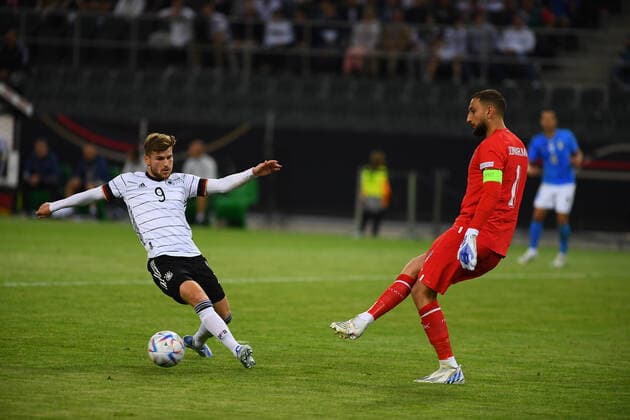 MOENCHENGLADBACH, GERMANY - JUNE 14, 2022: Gianluigi Donnarumma (captain) vs Timo Werner. The football match of UEFA Nations League 2023 between Germany vs Italy Copyright: xVITALIIxKLIUIEVx