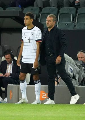Football, Nations League, international match, Group C, Germany Italy, 14 06 2022, Borussia Park , Mönchengladbach Jamal Musiala, Hansi Flick, coach, Germany