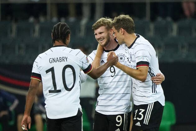 Football, Nations League, international match, Group C, Germany Italy, 14 06 2022, Borussia Park , Mönchengladbach Serge Gnabry, Timo Werner, Thomas Zimmermann, all Germany goal celebrations