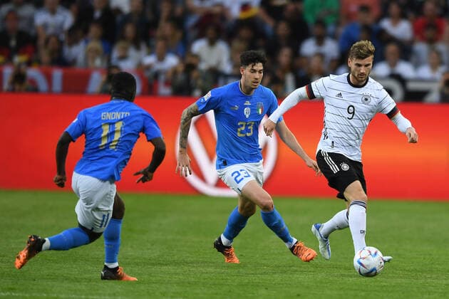 Timo Werner (Germany)Alessandro Bastoni (Italy) during the Uefa Uefa Nations League 2022_2023 match between Germany 5-2 Italy at Borussia-Park Stadium on June 14, 2022 in Monchengladbach, Germany. Noxthirdxpartyxsales  (191163855)