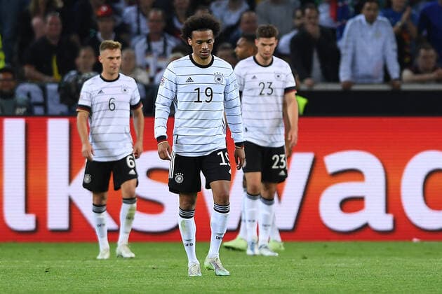 Soccer UEFA Nations League Germany Italy on 14 06 2022 at Borussia Park in Mönchengladbach Leroy Sane Germany disappointed DFB regulations prohibit any use of photographs as image sequences and or quasi video xHDx