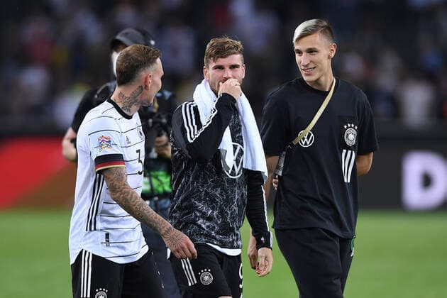 Soccer UEFA Nations League Germany Italy on 14 06 2022 at Borussia Park in Mönchengladbach David Raum Germany , left Timo Werner Germany , center Nico Schlotterbeck Germany , right DFB regulations prohibit any use of photographs as image sequences and or quasi video xHDx