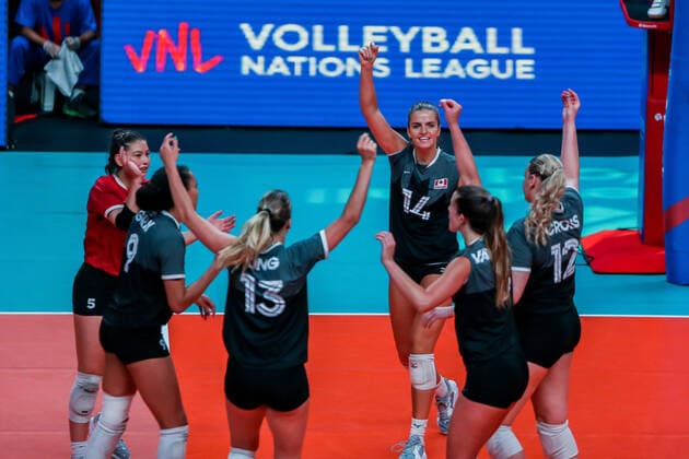 (220618) -- QUEZON CITY, June 18, 2022 -- Canada s players celebrate scoring during the FIVB Volleyball Nations League Women s Pool 4 match between Bulgaria and Canada in Quezon City, the Philippines on June 18, 2022. ) (SP)PHILIPINES-QUEZON CITY-VOLLEYBALL-NATIONS LEAGUE-BULGARIA VS CANADA ROUELLExUMALI 