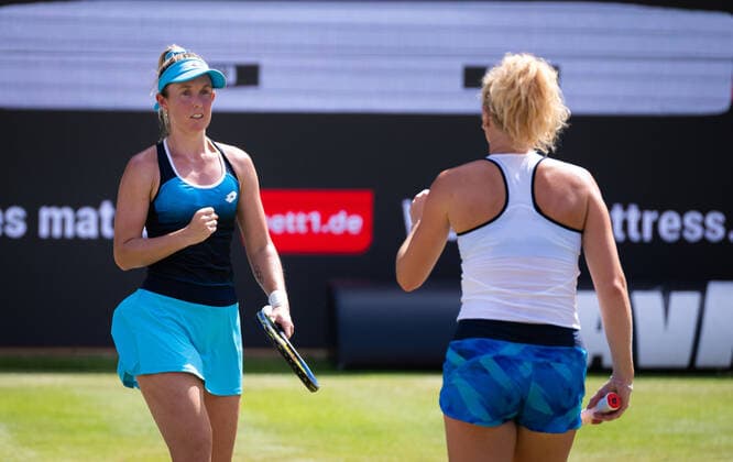 June 18, 2022, BERLIN, GERMANY: Storm Sanders of Australia & Katerina Siniakova of the Czech Republic in action during the doubles semi-final of the 2022 bett1Open WTA, Tennis Damen 500 tennis tournament BERLIN GERMANY - ZUMAa181 20220618_zaa_a181_036 Copyright: xRobxPrangex