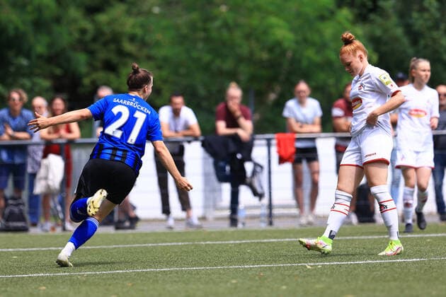 Promotion match 2 women Bundesliga 2021 2022, 1 FC Köln II 1 FC Saarbrücken 1 0 for 1 FC Saarbrücken by Nadine Anstatt FCS, 21 Köln RheinEnergieSportpark, artificial turf North Rhine Westphalia Germany