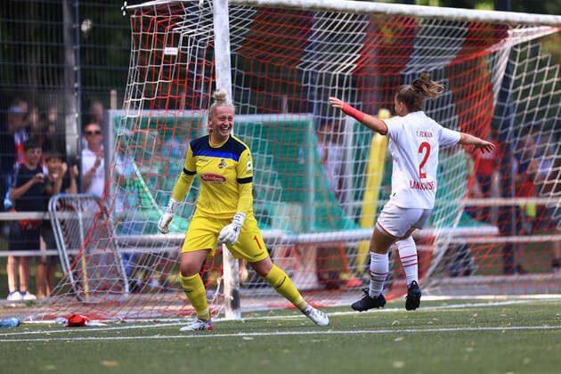 Promotion match 2 Womens Bundesliga 2021 2022, 1 FC Cologne II 1 FC Saarbrücken Pauline Carlotta Nelles FC II, 1 , Antonia Langshausen FC II, 2 after winning penalty shootout Cologne RheinEnergieSportpark, artificial turf North Rhine Westphalia Germany