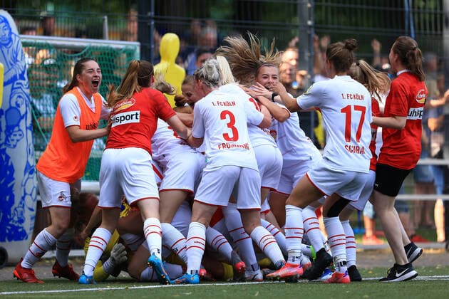 Promotion match 2 Womens Bundesliga 2021 2022, 1 FC Köln II 1 FC Saarbrücken 1 FC Köln II cheers after winning penalty shootout Cologne RheinEnergieSportpark, artificial turf North Rhine Westphalia Germany