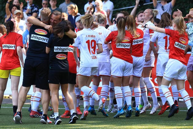 Promotion match 2 Womens Bundesliga 2021 2022, 1 FC Köln II 1 FC Saarbrücken 1 FC Köln II cheers after winning penalty shootout Cologne RheinEnergieSportpark, artificial turf North Rhine Westphalia Germany