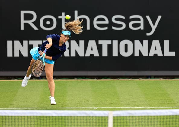 19th June 2022, Devonshire Park, Eastbourne, England; Rothesy International WTA, Tennis Damen 500 series Lawn Tennis Tournament; Danka Kovinic (MNE) plays a forehand against Magda Linette (POL)  ActionPlus12401390 HongboxChen