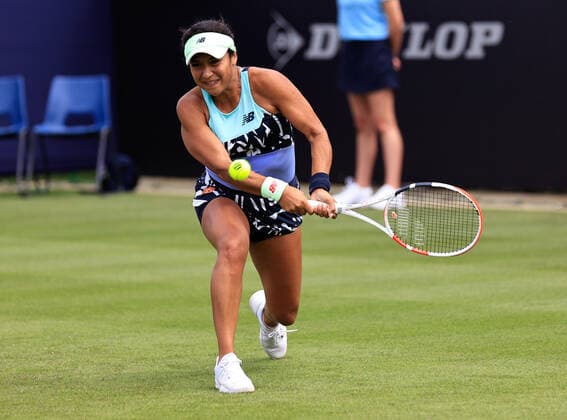 19th June 2022, Devonshire Park, Eastbourne, England; Rothesy International WTA, Tennis Damen 500 series Lawn Tennis Tournament; Heather Watson (GBR) plays a backhand against Lesai Tsurenko (UKR)  ActionPlus12401399 HongboxChen