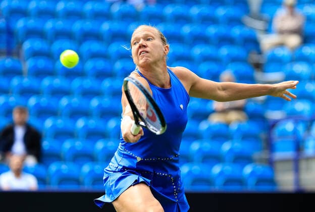 19th June 2022, Devonshire Park, Eastbourne, England; Rothesy International WTA, Tennis Damen 500 series Lawn Tennis Tournament; Kaia Kanepi (EST) plays a backhand against Nuria Parrizas Diaz (ESP)  ActionPlus12401408 HongboxChen
