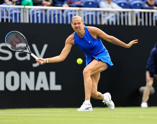 19th June 2022, Devonshire Park, Eastbourne, England; Rothesy International WTA, Tennis Damen 500 series Lawn Tennis Tournament; Kaia Kanepi (EST) plays a forehand against Nuria Parrizas Diaz (ESP)  ActionPlus12401415 HongboxChen