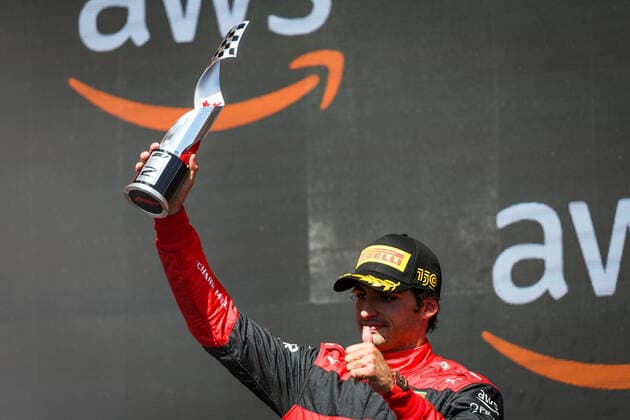 SAINZ Carlos (spa), Scuderia Ferrari F1-75, portrait podium during the Formula 1 AWS Grand Prix du Canada 2022, 9th round of the 2022 FIA Formula One World Championship, WM, Weltmeisterschaft on the Circuit Gilles Villeneuve, from June 17 to 19, 2022 in Montreal, Canada - F1 - CANADIAN GRAND PRIX 2022 - RACE DPPI Panoramic  20220619_GOOD4678