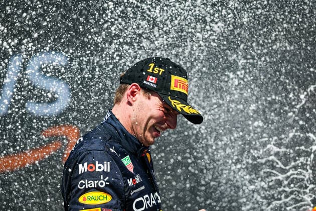 VERSTAPPEN Max (ned), Red Bull Racing RB18, portrait celebrating victory on the podium during the Formula 1 AWS Grand Prix du Canada 2022, 9th round of the 2022 FIA Formula One World Championship, WM, Weltmeisterschaft on the Circuit Gilles Villeneuve, from June 17 to 19, 2022 in Montreal, Canada - F1 - CANADIAN GRAND PRIX 2022 - RACE DPPI Panoramic  20220619_GOOD4815