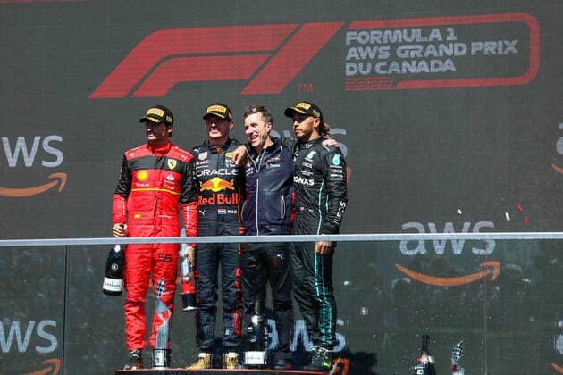 Podium: VERSTAPPEN Max (ned), Red Bull Racing RB18, SAINZ Carlos (spa), Scuderia Ferrari F1-75, HAMILTON Lewis (gbr), Mercedes AMG F1 Team W13, portrait during the Formula 1 AWS Grand Prix du Canada 2022, 9th round of the 2022 FIA Formula One World Championship, WM, Weltmeisterschaft on the Circuit Gilles Villeneuve, from June 17 to 19, 2022 in Montreal, Canada - F1 - CANADIAN GRAND PRIX 2022 - RACE DPPI Panoramic  20220619_G00D4872