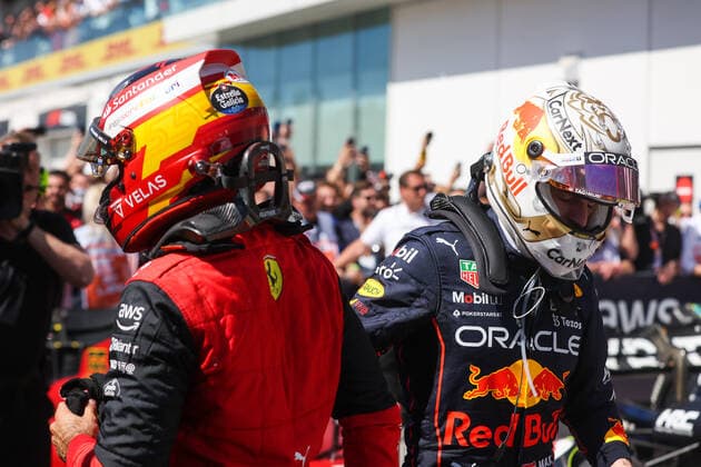SAINZ Carlos (spa), Scuderia Ferrari F1-75, VERSTAPPEN Max (ned), Red Bull Racing RB18, portrait during the Formula 1 AWS Grand Prix du Canada 2022, 9th round of the 2022 FIA Formula One World Championship, WM, Weltmeisterschaft on the Circuit Gilles Villeneuve, from June 17 to 19, 2022 in Montreal, Canada - F1 - CANADIAN GRAND PRIX 2022 - RACE DPPI Panoramic  00122023_AV6_8892