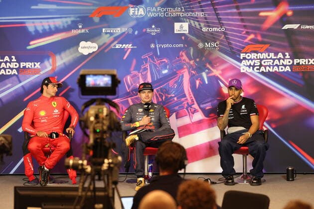 SAINZ Carlos (spa), Scuderia Ferrari F1-75, portrait VERSTAPPEN Max (ned), Red Bull Racing RB18, portrait HAMILTON Lewis (gbr), Mercedes AMG F1 Team W13, portrait press conference, PK, Pressekonferenz during the Formula 1 AWS Grand Prix du Canada 2022, 9th round of the 2022 FIA Formula One World Championship, WM, Weltmeisterschaft on the Circuit Gilles Villeneuve, from June 17 to 19, 2022 in Montreal, Canada - F1 - CANADIAN GRAND PRIX 2022 - RACE DPPI Panoramic  G00D4883
