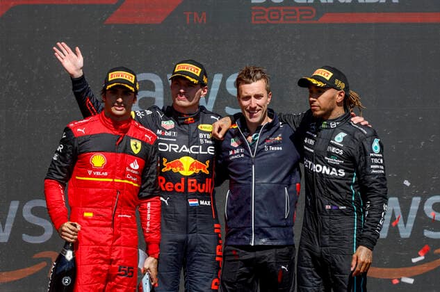 55 Carlos Sainz ESP, Scuderia Ferrari , 1 Max Verstappen NLD, Oracle Red Bull Racing , 44 Lewis Hamilton GBR, Mercedes AMG Petronas F1 Team , F1 Grand Prix of Canada at Circuit Gilles Villeneuve on June 19, 2022 in Montreal, Canada Photo by HOCH ZWEI Montreal Canada