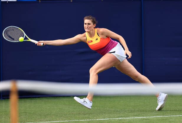 19th June 2022, Devonshire Park, Eastbourne, England; Rothesy International WTA, Tennis Damen 500 series Lawn Tennis Tournament; Rebecca Marino (Can) plays a forehand against Aleksandra Krunic (SBR)  ActionPlus12401615 HongboxChen