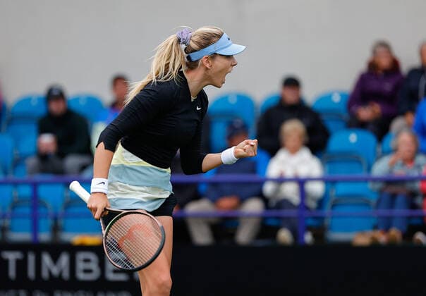 19th June 2022, Devonshire Park, Eastbourne, England; Rothesy International WTA, Tennis Damen 500 series Lawn Tennis Tournament; Katie Boulter (GBR) reacts in the match against Tereza Martincova (CZE)  ActionPlus12401618 HongboxChen
