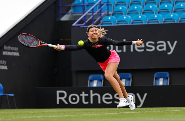 19th June 2022, Devonshire Park, Eastbourne, England; Rothesy International WTA, Tennis Damen 500 series Lawn Tennis Tournament; Marie Bouzkova (CEZ) plays a forehand against Shelby Rogers (USA)  ActionPlus12401645 HongboxChen